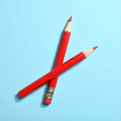 Two red pencils crossed on a light blue background