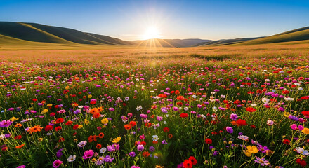 Fototapeta premium A serene field of vibrant wildflowers under a clear blue sky at sunset