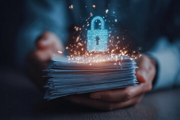 Hands holding a stack of documents with a glowing digital lock symbolizing data protection and secure information management in a dark blurred background