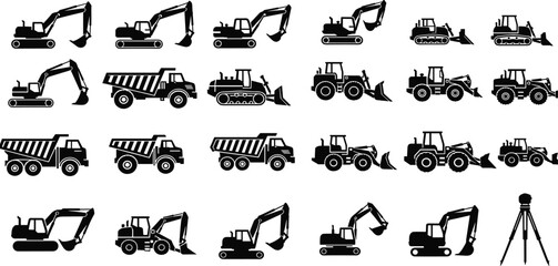 Construction machinery silhouette icon set featuring excavators, loaders, bulldozers, dump trucks, and engineering survey equipment for industrial design use © KagenChandro