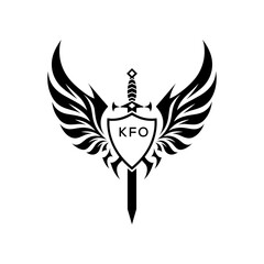 Obraz premium Winged Sword and Shield Logo with Letters, Heraldic Emblem, Black and White Vector Design, KFO Later Logo, 