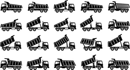 Dump truck silhouette icon set showing multiple tipping positions of heavy construction transport vehicles for industrial, mining, and engineering design use © KagenChandro