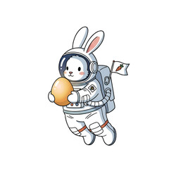 Bunny astronaut with golden egg, merging fantasy and Easter tradition.