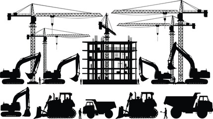 Large construction site silhouette with tower cranes, excavators, bulldozers, dump trucks, workers, and unfinished building structure for industrial engineering illustration use © KagenChandro