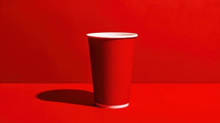 Single red paper cup with a white rim, casting a shadow on a monochrome red background.