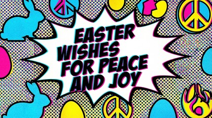 Easter wishes for peace and joy in pop art style with bunny, peace sign, and egg. Holiday greeting card design.