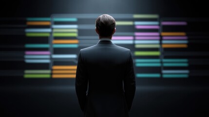 Professional individual examining colorful data visualization in a dark environment, symbolizing insight, analysis, and modern technology in business settings