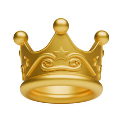 Golden 3D crown with patterns and stars on gray background, symbol of power and success, luxury accessory for web design, minimalist interface element for gamification and VIP premium status.