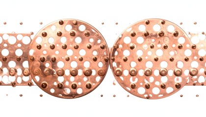 Close-up of copper metal perforated discs with raised rivets and small holes, white backdrop