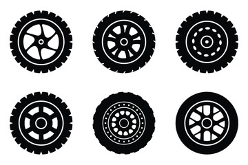 Wheel tires vector icon set design. Set of wheels tire icon, vector silhouette. Black rubber tire symbol. Rubber automobile tires, road maintenance and vehicle parts.  © Aquavisionweath6