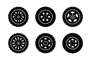 Wheel tires vector icon set design. Set of wheels tire icon, vector silhouette. Black rubber tire symbol. Rubber automobile tires, road maintenance and vehicle parts.  © Aquavisionweath6