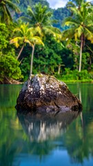 Tranquil rock in a lush tropical lagoon