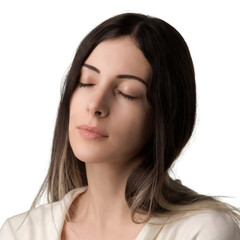 Fototapeta premium A serene young woman with closed eyes, radiating peace and tranquility png transparent background