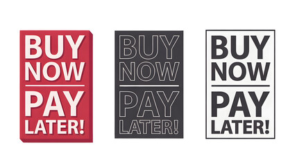 Three graphic signs feature the text Buy Now Pay Later in distinct styles on a black background This modern digital rendering provides a clear commerc