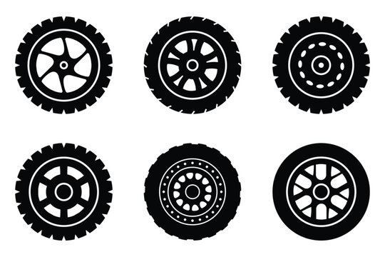 Wheel tires vector icon set design. Set of wheels tire icon, vector silhouette. Black rubber tire symbol. Rubber automobile tires, road maintenance and vehicle parts. 