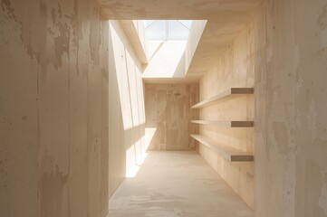 Warm skylight drifts across pure white walls creating serene minimalist depth throughout the hallway