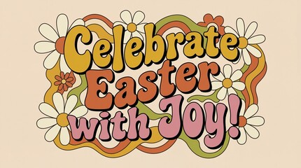 Obraz premium Celebrate Easter with joy lettering in a retro groovy design. Happy spring holiday greeting card with floral illustration.