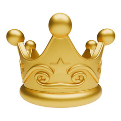 Golden 3D crown with patterns and stars on gray background, symbol of power and success, luxury accessory for web design, minimalist interface element for gamification and VIP premium status.
