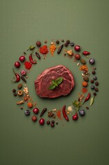A vibrant circular steak composition glows as fruits and spices frame its bold presence