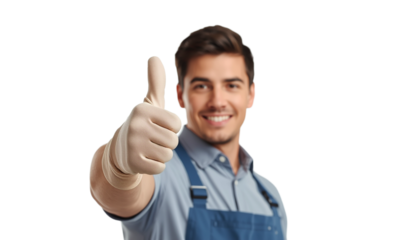 A smiling handyman giving a thumbs up on transparent background