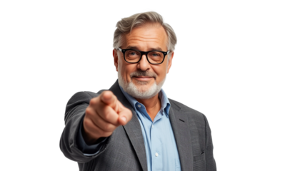 A senior man pointing forward on transparent background