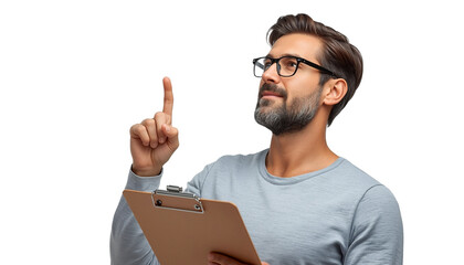 A man with a clipboard pointing upwards on transparent background