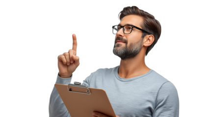 A man with a clipboard pointing upwards on transparent background