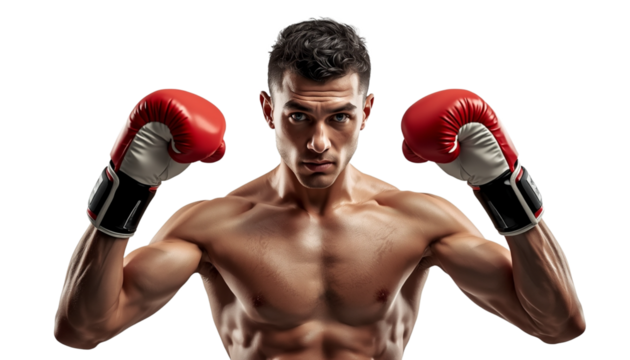 A muscular man wearing red boxing gloves on transparent background - Powered by Adobe