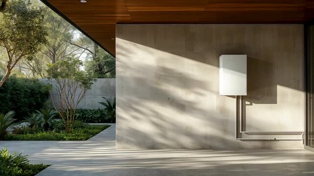 Modern concrete house exterior with a wall mounted lamp beside a sunlit garden and paved walkway