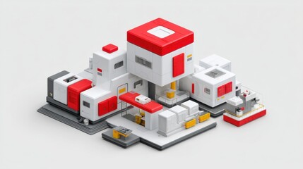 Modern minimalistic geometric structures in vibrant red and white, showcasing creativity and innovation in architectural design and technology development