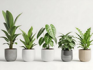 Obraz premium Five Potted Green Plants in Different Containers Against White Background potted plants