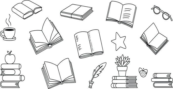 Hand drawn education and reading doodle set vector, collection of open books, stationery, and cozy study icons in black line art