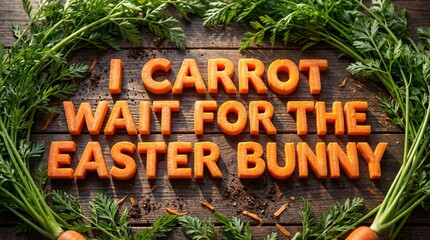 I carrot wait for the Easter bunny message carved from carrot on wood table. Food art for Easter holiday.