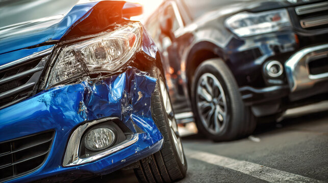 Damaged blue car front after collision parked next to a black vehicle during daylight in urban parking lot with visible dents and scratches on bumper and headlight