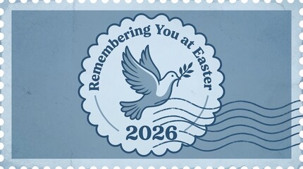 Easter commemorative postage stamp design with a dove carrying an olive branch and text Remembering You at Easter, dated 2026 for holiday greeting card.