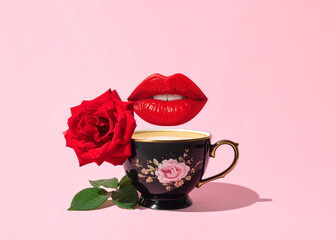 Cappuccino in a vintage cup made of fine black porcelain with a floral motif, retro nostalgia.