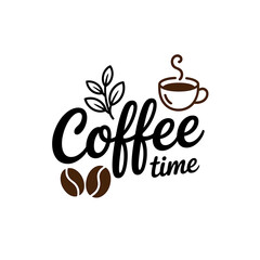A beautiful hand-lettered 'coffee time' design with steaming cup, beans, and leaves