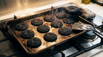 Blackened cookies with rising smoke on a baking tray, showing a cooking mishap or a burnt dessert in a kitchen setting.