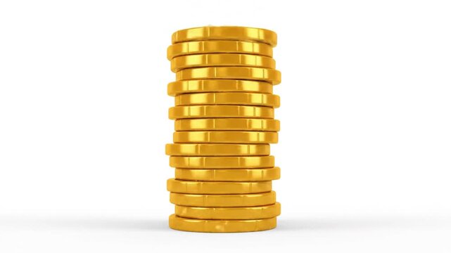 3d Stop motion Animation Cartoon Gold Coins on stack on white background.