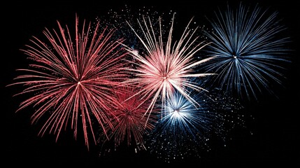 Obraz premium A vibrant display of fireworks bursts in red, white, and blue against a dark sky, creating a festive atmosphere.