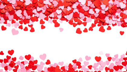 Assortment of red, pink, and rose-colored paper hearts, framing a blank black space
