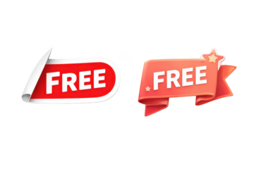 Free banner label set on transparent background, red ribbon stickers with folded corner and star accent, promotional price tags for sale offer, web and app design element
