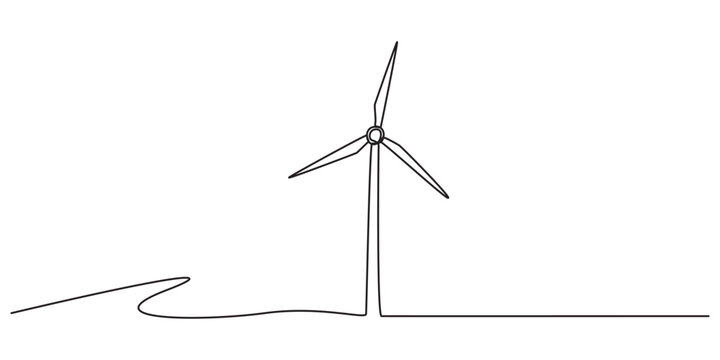 Continuous one line drawing of wind turbines eco energy. simple wind turbines outline vector illustration, Wind mill, wind generator energy, single continuous line art drawing. Windmill tower save pro