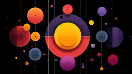 Abstract geometric composition featuring vibrant circles and shapes on a black background creating a modern and dynamic visual appeal