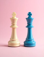 Two chess kings, one white, one blue, facing each other on a pink background