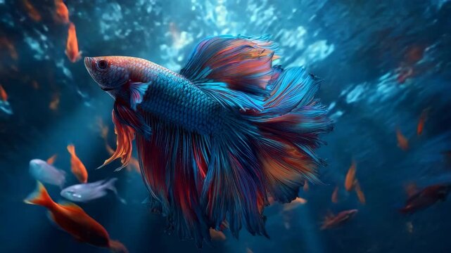 Vibrant blue and orange betta fish swimming with goldfish underwater