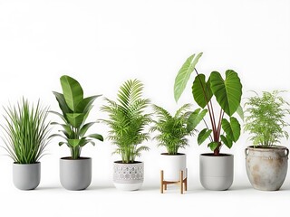 Fototapeta premium Five potted plants in different containers against white background indoor plants