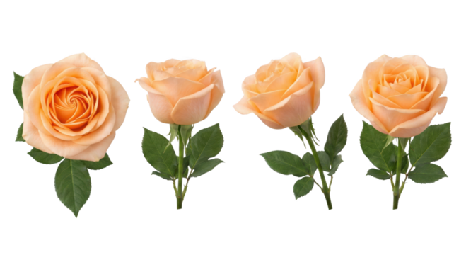 Peach colored rose flowers with green leaves and stems isolated on transparent background set - Powered by Adobe