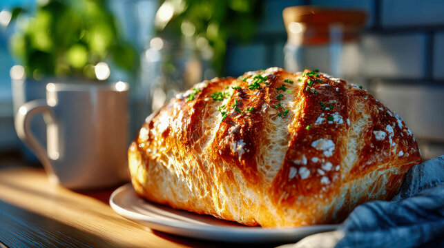 Freshly baked golden bread loaf topped with sesame seeds on a plate, warm morning light and cozy breakfast atmosphere - Powered by Adobe