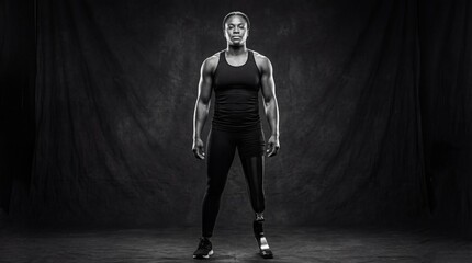 Black female athlete with prosthetic leg standing firm in studio. Woman with disability and adaptive sports. Resilience and strength concept.